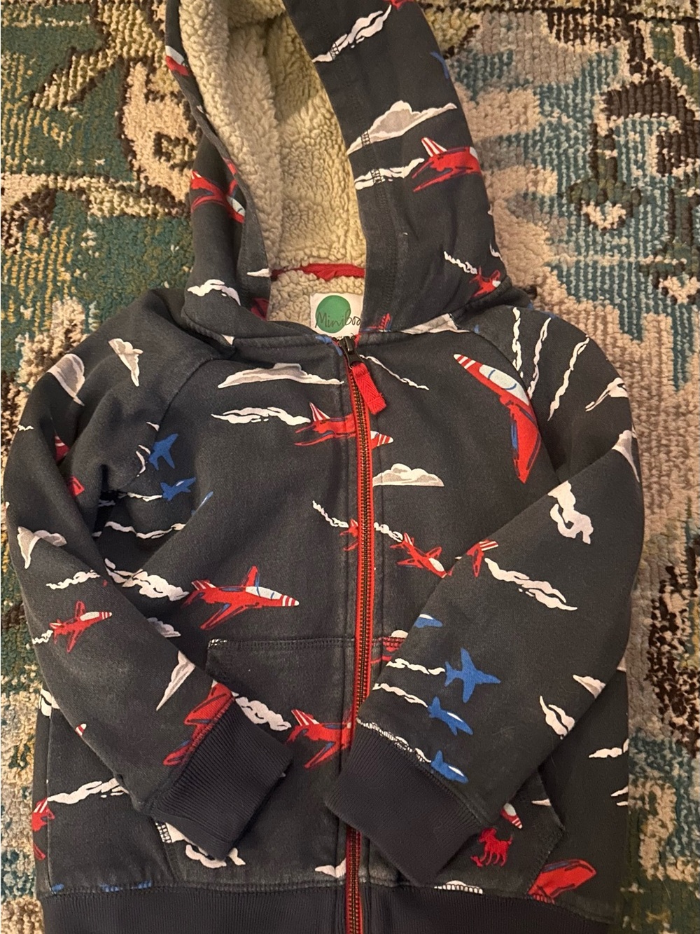 Mini Boden Kids' Red Airplane Hooded Zip-Up Sweatshirt